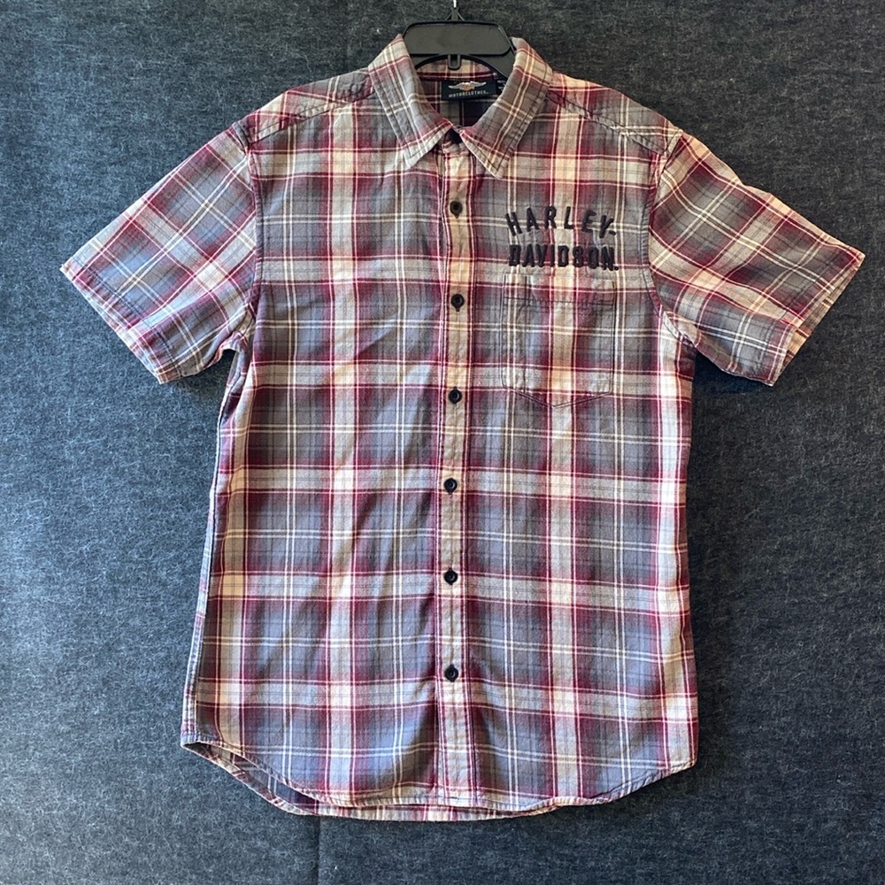 Harley-Davidson Racer Font Plaid Shirt - Short Sleeve Button-down Shirt - Medium